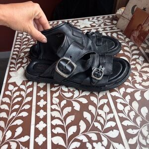 A.S.98 Black Leather Buckle Sandals for Women